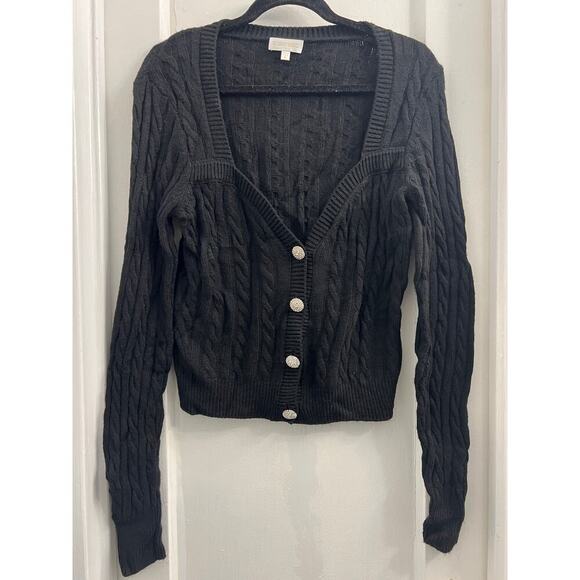 Ronny Kobo Jaelyn Jewel Embellished Buttons Cableknit Sweater Cardigan Black L - Picture 3 of 7